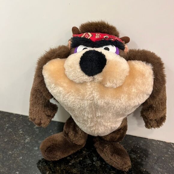 VINTAGE 1993 Biker Taz Tasmanian Devil Plush Toy 10" Bandana Warner Bros - Picture 1 of 8